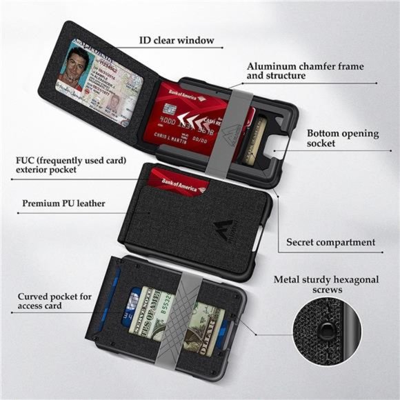 Mens Wallet Tactical Bifold Wallets for Men Metal RFID Blocking Cards Holder - Picture 6 of 6